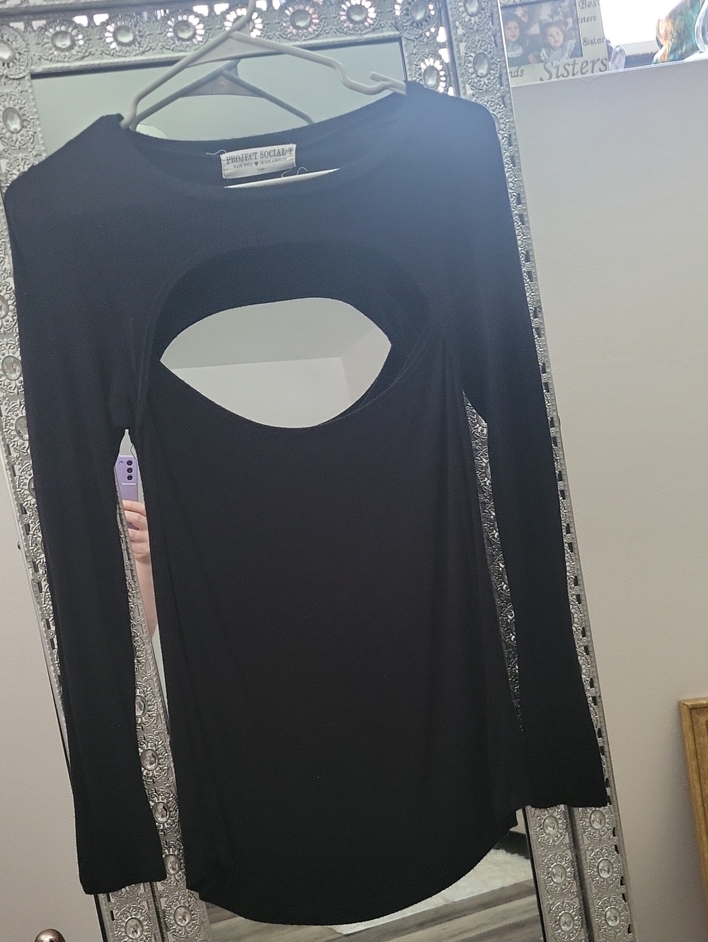 Black Long-Sleeve Cutout Front Top